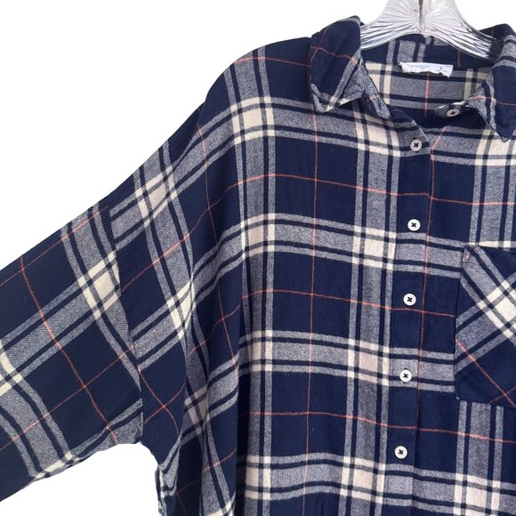 Primark Womens Navy Blue Plaid Button Front Pocket Collared Long Sleeve Size L - Picture 3 of 9